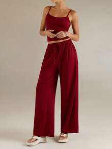 SHEIN Forever 21 休闲度假宽松绿色吊带上衣和裤子套装 - 酒紅色 - 查看 3
