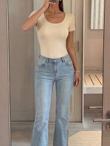 Feyla Women's Contrast Lace Short Sleeve Fitted Fashionable Elegant T-Shirt Date Night Cream White Summer - Apricot - View 2