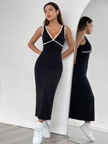 SHEIN Tall Women's Black & White Contrast V-Neck Midi Dress - Black and White - View 3