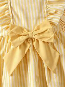 SHEIN Young Girl Blue&White Striped Floral Print Bow Ruffle Hem Short Sleeve Pink Casual Dress,Fashionable Infant Daily Wear Spring/Summer Holiday Style - Yellow - View 5