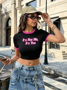 Pretty Bratty Áo thun ôm dáng in chữ Y2K dễ thương, áo crop top co giãn mỏng nhẹ mùa hè dành cho nữ, phù hợp mặc hàng ngày, nhiều dịp, đi học. - màu đen - Xem 8