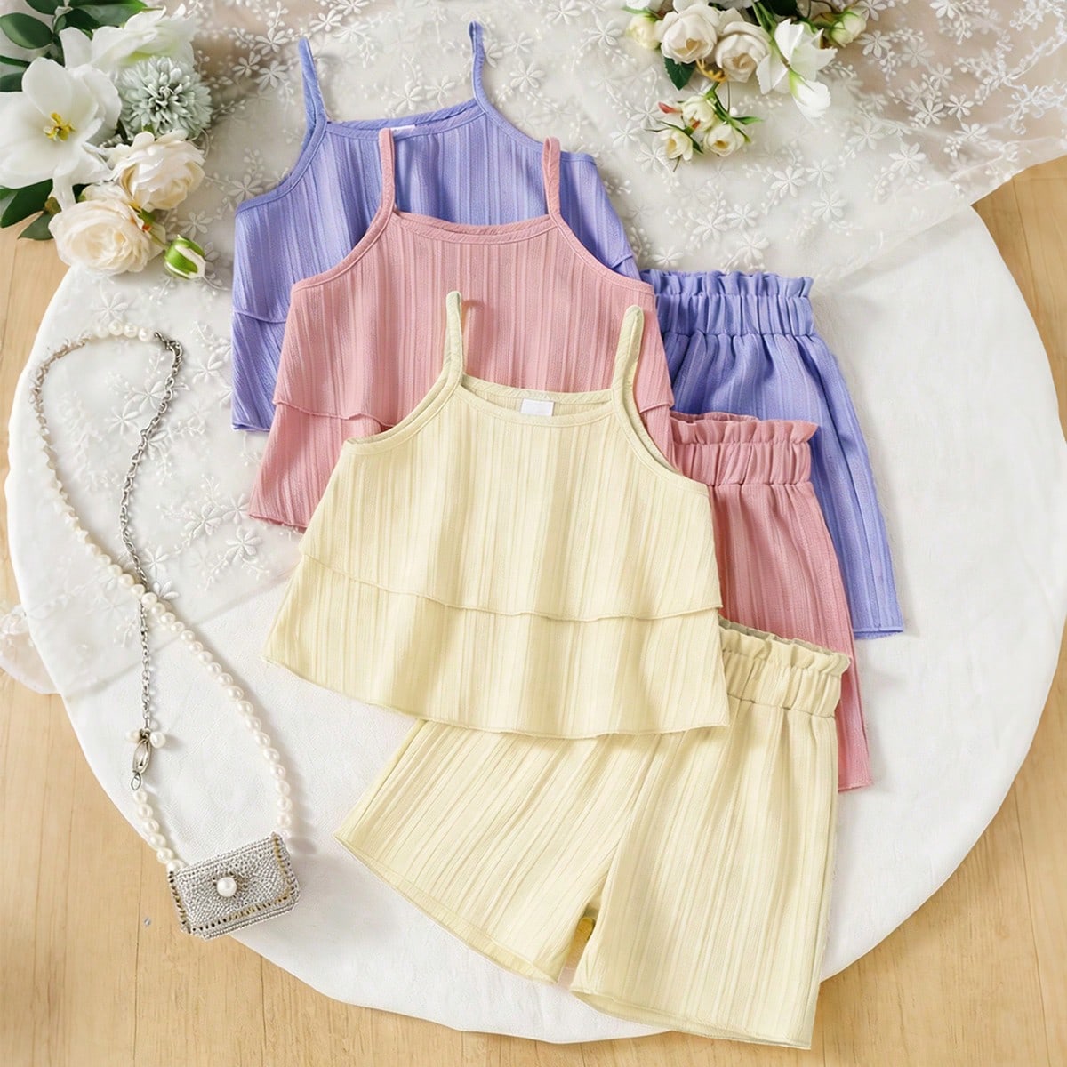 Set de 3 piezas Blusa de tirantes acanalada con doble volante y pantalón corto con cintura elástica y volante en el bajo para niñas pequeñas, disp