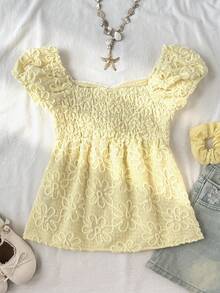 SHEIN Áo babydoll cổ trái tim màu vàng, chất liệu vải dệt họa tiết, phong cách thường ngày, thích hợp cho bé gái tuổi teen, thích hợp cho kỳ nghỉ hè. - Màu vàng - Xem 2