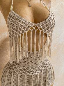 Soleia Bộ áo liền quần dệt kim nữ kiểu dáng buộc dây cổ tua rua, thích hợp mặc hàng ngày. - Cà phê nâu - Xem 5