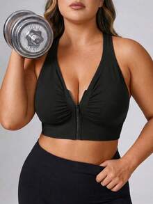Seamluxe SHEIN Sport Women's Seamless Solid Color Sports Bra, Hollow Back Design, Pleated Zipper Sports Plus Size Bra - Black - View 1