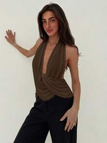 Aloruh Áo không tay cổ xếp ly kiểu nữ thần nghệ thuật mới cho mùa xuân/hè dành cho nữ. - Cà phê nâu - Xem 2