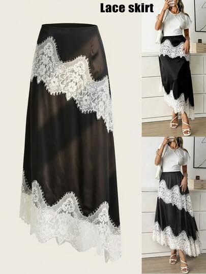 Franclia Plus Size Women Satin Lace Patchwork Skirt, Elegant Minimalist Skirt, Delicate Lace Trim Hem Skirt, Suitable For Spring, Summer, Autumn, Date, Party, Casual Wear, Work