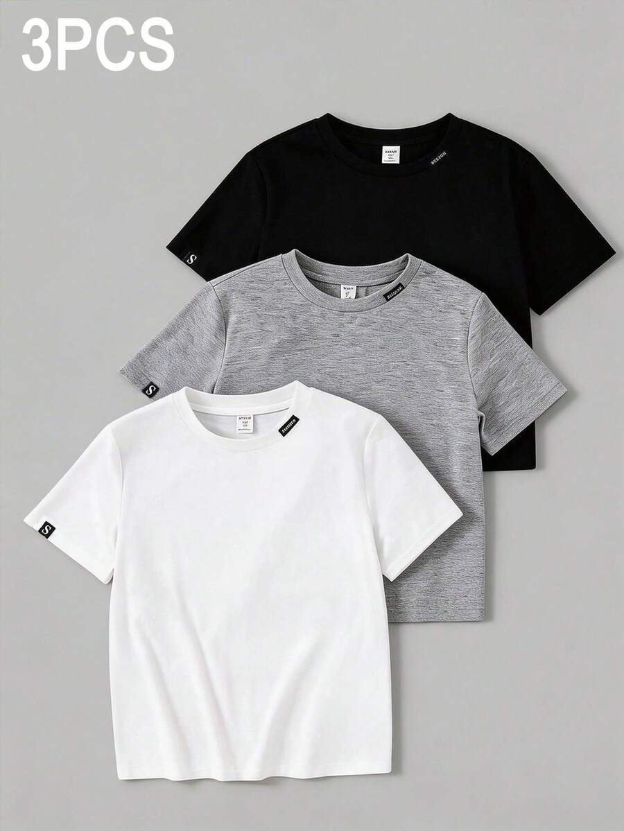 SHEIN 三件套青少年男童宽松休闲印花短袖T恤套装，适合学校、校园穿着，春夏季节适用，日常穿着、运动、郊游、聚会、节日、拍照等场合。 - 彩色 - 查看 1