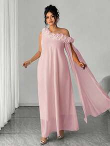 SHEIN Elenzya 优雅女士荷叶边设计3D立体花卉单袖连衣裙 - 粉色 - 查看 6