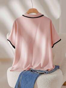 CosyJoli 大码女式拼接单排扣休闲百搭日常衬衫 - 粉色 - 查看 2