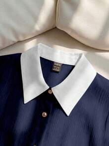 SHEIN Franclia Women's Elegant Pink Chiffon Crinkle White Collar Loose Short Sleeve Blouse - Navy Blue - View 3
