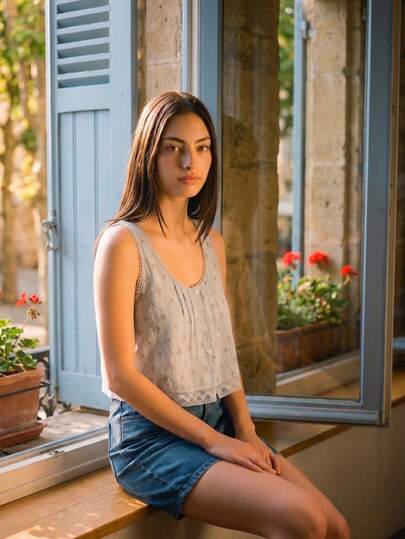 lacRébo Top corto con estampado floral azul cielo, cuello redondo y detalles de encaje. Top lindo para vacaciones, primavera y verano, con estilo francés y parisino
