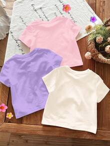 Set de 3 camisetas de manga corta con cuello redondo para niña, con estampados de princesa, flores y lazos, en un estilo suave, lindo y elegante. Adecuado para uso diario, en el hogar, vacaciones y días festivos. Cómodo y casual para primavera y verano. Estampados de princesas de dibujos animados, estilo chic de verano, nuevo estilo, relajado y con vibras de primavera. - Multicolor - View 2
