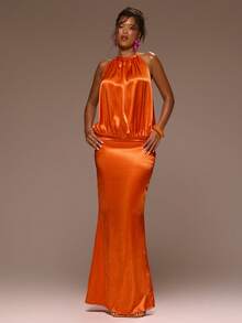 MUSERA Đầm maxi không tay bằng satin xếp ly, khoét eo, thích hợp cho mùa xuân hè, kỳ nghỉ, buổi tối đi chơi, dịp đặc biệt, Golden Sands. - trái cam - Xem 1
