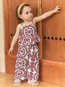 SHEIN Baby Girl Vacation Floral Print Ruffle Hem Camisole - Red - View 4