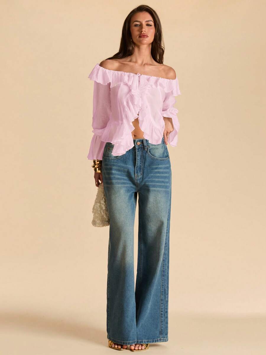 SHEIN BAE Áo kiểu trễ vai màu trắng, viền bèo nhún, tay áo buộc dây bất đối xứng, kiểu dáng lãng mạn mùa xuân, thích hợp cho kỳ nghỉ, ngày Valentine, mặc hàng ngày, phong cách công chúa. - Màu Hồng baby - Xem 1