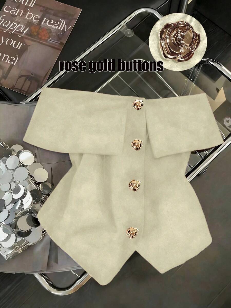 SHEIN Franclia 女士红色露肩上衣,饰有金色玫瑰纽扣,修身性感上衣,适合日常通勤、魅力派对、情人节、新年等场合。 - 杏色 - 查看 1