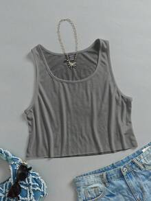 SHEIN EZwear 女士休闲宽松U领露脐背心，深灰色 - 深灰色 - 查看 3