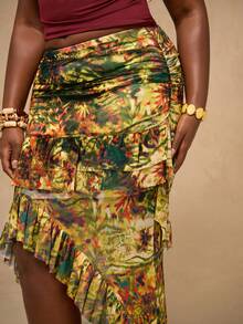 SHEIN BAE Plus Size Women's High Waist Asymmetric Tie-Dye Print Skirt,Tropical Animal & Plant Print Chiffon Asymmetrical Layered Ruffle Hem Skirt, Suitable For Vacation, Evening Party, Summer Party, Beach, Brunch, Layered Ruffle Hem Skirt, Patterned Skirt Tropical Skirt Long Floral Skirt Sarong Skirt Tropical Outfits Women Ruffle Skirt,Vacation Outfits Women,Summer Outfits,Beach Outfits For Woman, - Multicolor - View 8