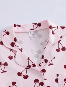 女童经典条纹粉色蝴蝶结领短袖短裤休闲舒适两件套睡衣。母女亲子装（3套单独出售） - 粉色 - 查看 4