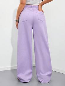 Rivivi Calça Jeans Casual de Cintura Alta, Corte Solto, Cor Sólida, com Bolso Diagonal - Roxo - Visão 2