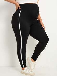 Plussiva Maternity Plus Size Adjustable High Waist Contrast Striped Side Skinny Leggings - Black - View 2