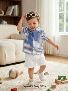 Cozy Pixies 3pcs Baby Boy Set: Solid Color Shawl Collar Striped Short Sleeve Cardigan Shirt And Elastic Waist Shorts - Blue - View 6