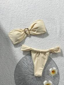 Swim Chiccia 女士夏季沙滩套装 - 纯色抹胸上衣配金属装饰和丁字裤比基尼泳裤性感泳装套装，适合女士度假、邮轮旅行、海滩日光浴，两件套，夏季新款女士比基尼套装，女士比基尼套装，女士泳装套装，女士泳衣套装 - 米色 - 查看 1