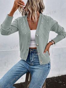 EMERY ROSE Women's Solid Color Pearl Decorated Cardigan - Mint Green - View 6