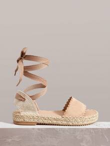 Styleloop Ladies Flat Bottom Round Head Exposed Toes Lace Straps Casual Vacation Beach Sandals, Summer Wear, Vacation Atmosphere, Travel Essentials - Khaki - View 1