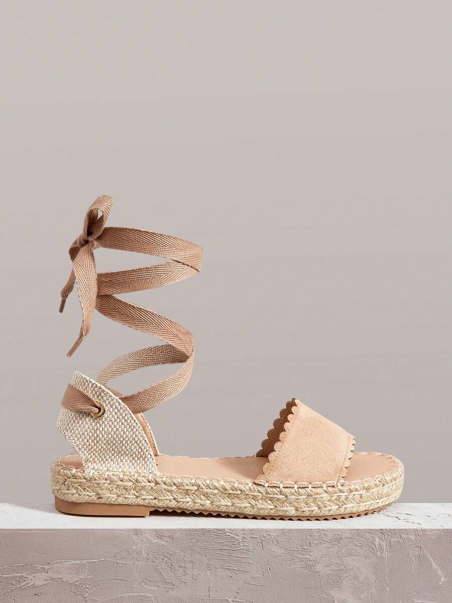 Styleloop Ladies Flat Bottom Round Head Exposed Toes Lace Straps Casual Vacation Beach Sandals, Summer Wear, Vacation Atmosphere, Travel Essentials - Khaki - View 1