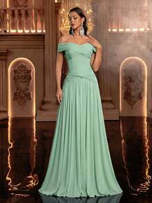 Glamrae Đầm chữ A thanh lịch, trễ vai, chất liệu vải dệt kim, thiết kế xếp ly, eo xòe rộng, thích hợp cho các buổi dạ hội, sự kiện kinh doanh, tiệc trà riêng tư, sinh nhật, các sự kiện ngày lễ, váy dạ hội dự tiệc cưới, đầm dự tiệc tối. - Màu xanh Bạc hà - Xem 4