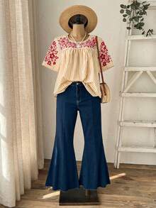 Rusticease Plus Size Women's White Summer Boho Vacation Holiday,Short Sleeve Striped Floral Print Blouse,Spring Round Neck Casual Country Smock Tops - Mustard Yellow - View 5