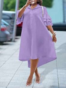 Slaydiva Áo sơ mi nữ màu trơn đơn giản, tay ngắn, xếp ly, tay bồng, thích hợp mặc đi biển, váy dài ngang gối với vạt không đều, váy tốt nghiệp. - Màu tím hoa cà - Xem 3