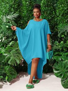 Slaydiva Robe droite à épaules dénudées et ourlet asymétrique pour grandes tailles - Bleu azur - Voir 9