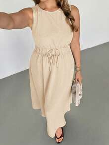 Auralis 亚麻无袖A字连衣裙，大码，优雅百搭，适合工作和通勤，松紧腰带配系带，喇叭下摆，休闲度假法式浪漫连衣裙，舒适的波西米亚风棕色连衣裙 - 杏色 - 查看 6