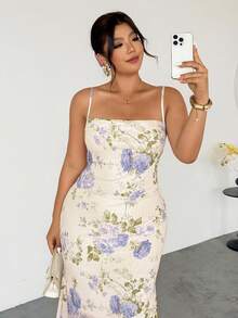 Firerie Plus Size Elegant Minimalist Spaghetti Strap Full Print Pink Playful Date Afternoon Tea Fitted Mermaid Midi Dress - Blue - View 3