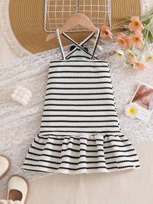 SHEIN Đầm hai dây hở lưng kẻ sọc thời trang ngọt ngào cho bé gái, trang phục dễ thương cho kỳ nghỉ hè. - Đỏ - Xem 2