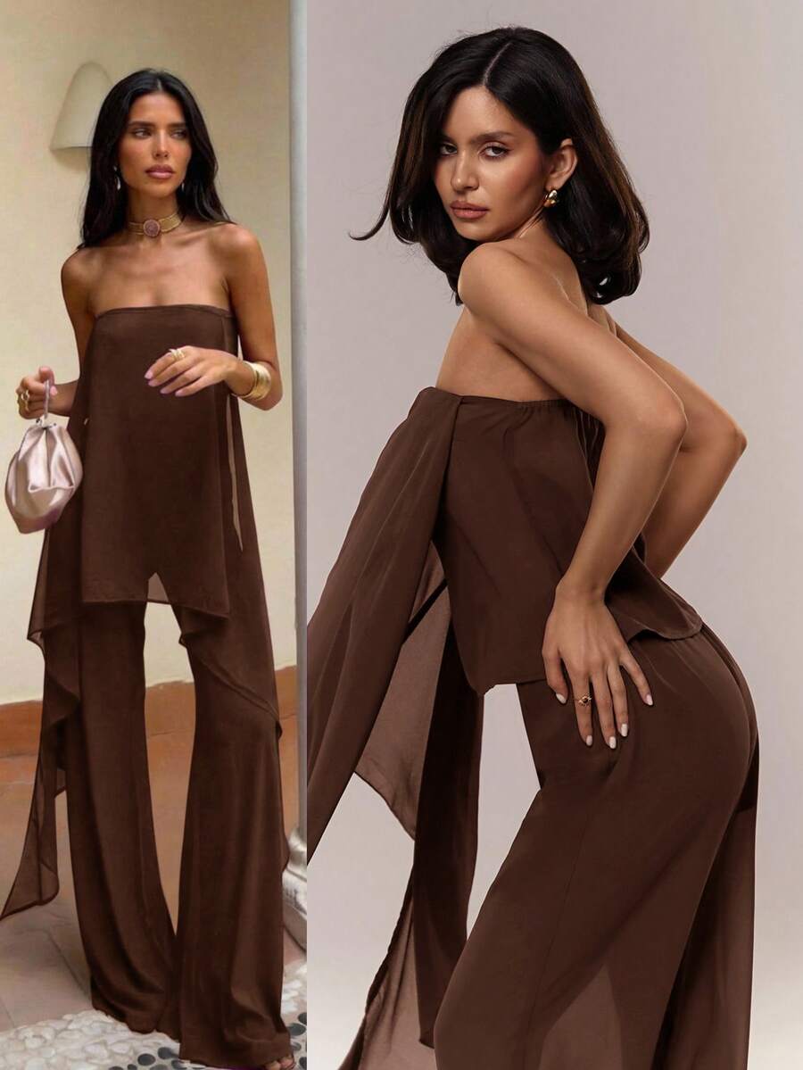 Aloruh Women's Elegant Solid Color Asymmetric Hem Tube Top And Pants Two Pieces Set, Summer - Coffee Brown - View 1