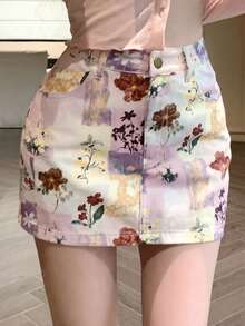 DAZY Chân váy ngắn denim in hoa phong cách thường ngày dành cho nữ, thích hợp cho mùa hè. - trắng - Xem 5