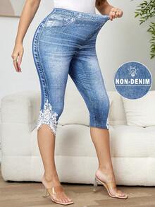 SHEIN Clasi 大码女式牛仔印花七分紧身裤 - 藍色 - 查看 9
