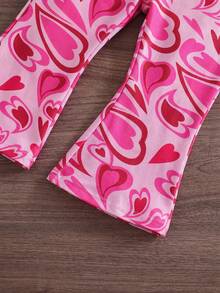 SHEIN 女婴两件套，时尚爱心针织吊带上衣和喇叭裤 - 玫紅色 - 查看 3