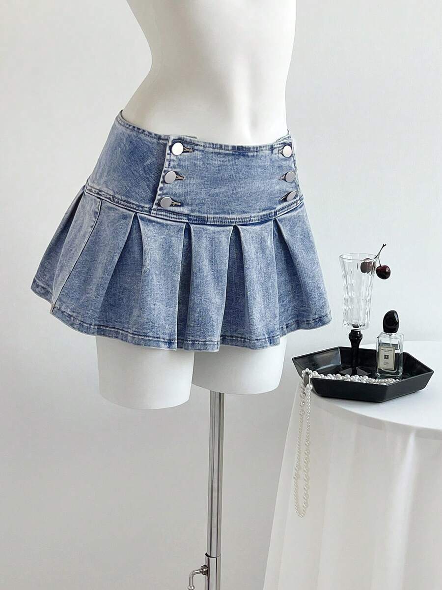 Elamini Chân váy ngắn xếp ly denim cạp thấp phong cách Y2K thường ngày - Rửa trung bình - Xem 1