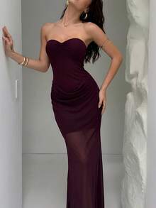 Firerie Women's Elegant Romantic Strapless Ruched Dress With Mesh Overlay, Suitable For Wedding - Red Violet - View 3