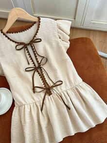 GlowEve Elegant Sexy Tea Party Golf Linen Blouse In White,Summer Round Neck Shell Embroidery Ruffle Trim Flutter Sleeve Cinched Waist - Apricot - View 6