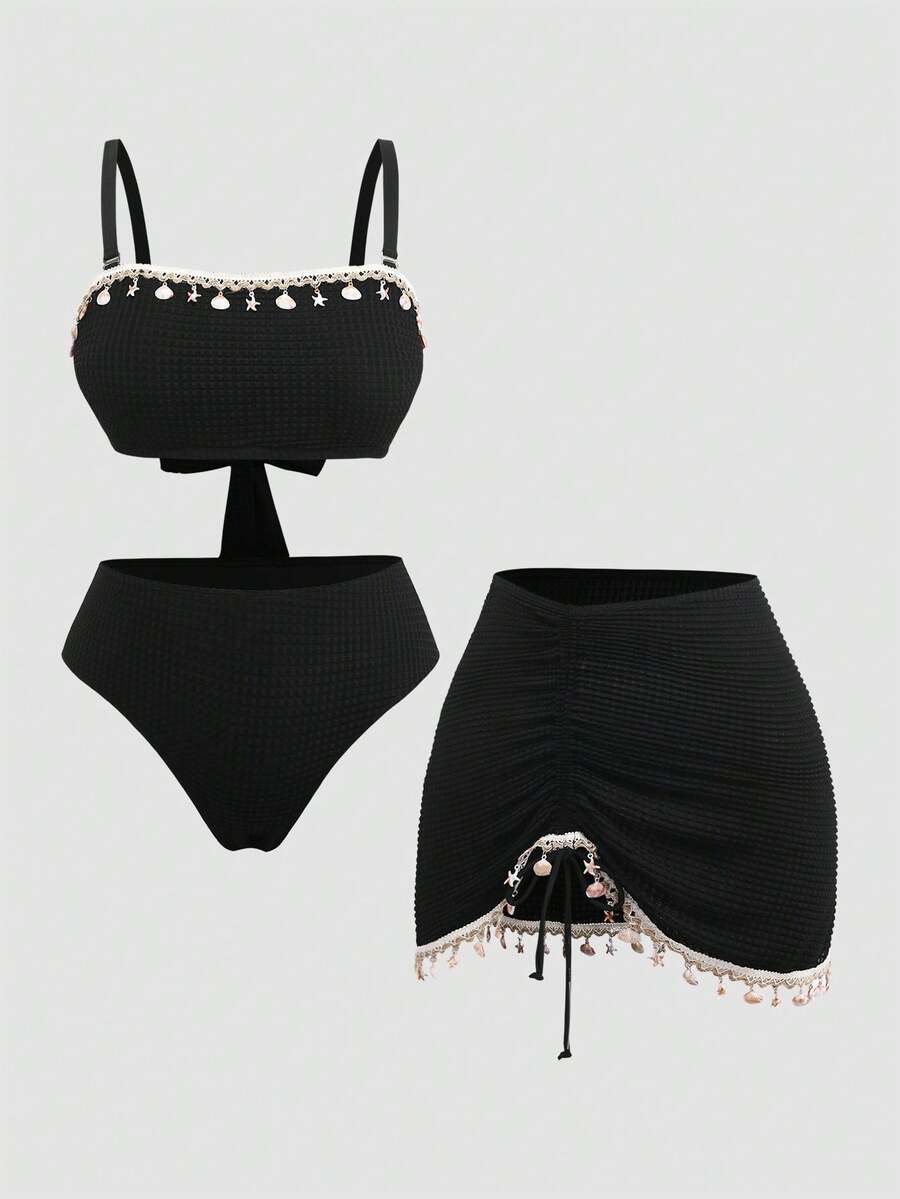 Swim Oasis 2026 Set Pakaian Renang Pantai/Resort 3 Potong Elegan Terbaru Warna Hitam Polos Tanpa Tali dengan Kain Gelembung Bertekstur, Ukuran Plus - Hitam - View 1
