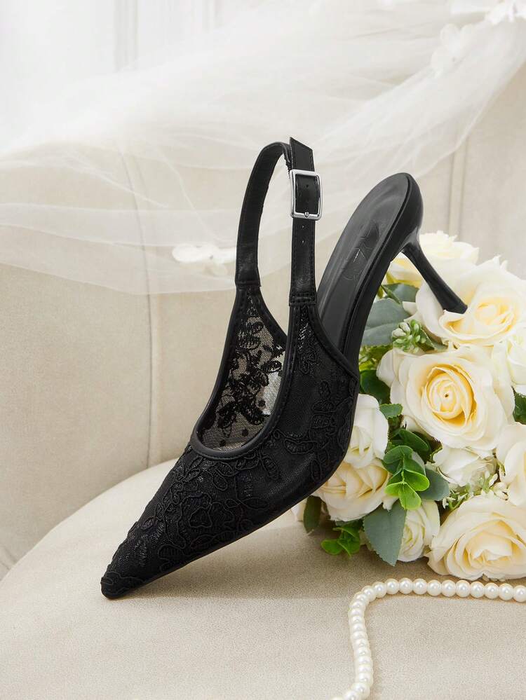 CUCCOO HITCHD Women Shoes Pointed Stiletto Black Lace Mesh Sexy And Comfortable Daily Versatile Women's High Heel Shoes Slingback Shoes Temperament Fashion Party Wedding Banquet Women's Shoes
