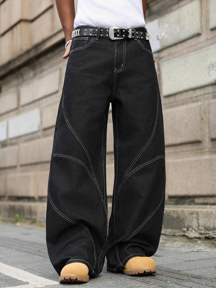 Manfinity EMRG Men's Fashionable Line Design Luxury Washed Loose Wide-Leg Jeans - Black - View 1