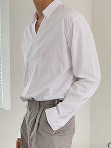DAZY Men's Long Sleeve Shirt With Pleated Collar Design, Spring/Summer - White - View 2