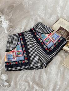 Flirla Red Plaid Cute Fruit Pattern Women Shorts - Black - View 4